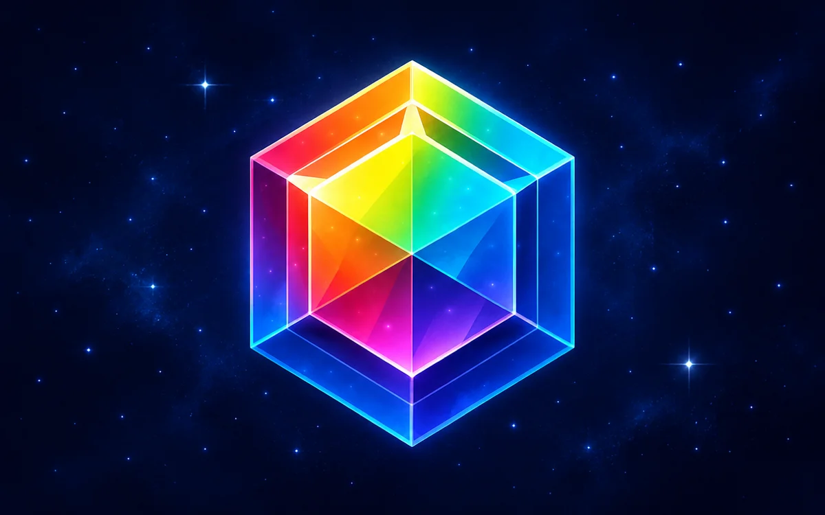 Illustration of a rainbow hexagonal jewel glowing against a midnight-blue star field.