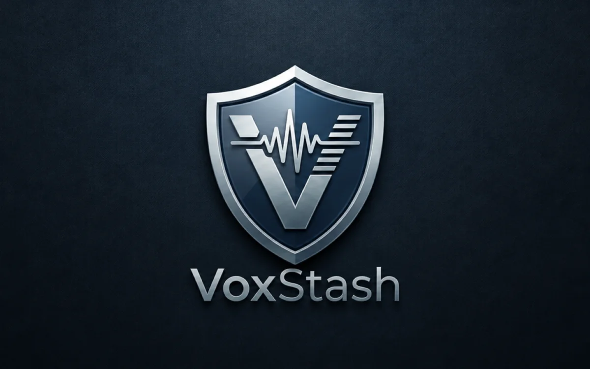 The VoxStash shield and silver wordmark on a dark textured background.