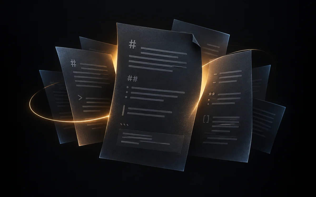 Conceptual illustration of layered dark pages connected by warm light, representing gathered written context.